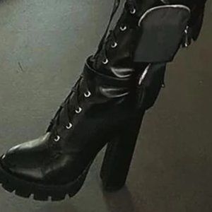 Mid calf combat block heeled boots